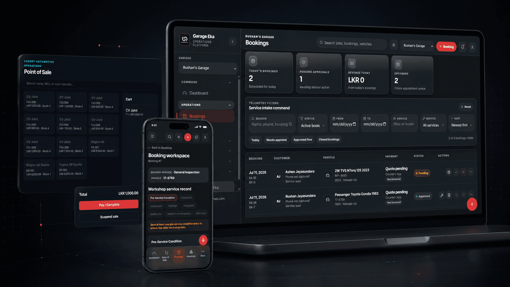 GarageEka platform — operations dashboard, mobile app and point of sale